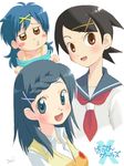  black_hair blue_eyes blue_hair blush_stickers brown_eyes crossover fuura_kafuka hair_ornament hairclip houshou_hanon mermaid_melody_pichi_pichi_pitch multiple_girls o3o onegai_my_melody sakurazuka_miki sayonara_zetsubou_sensei school_uniform serafuku shimazu_donki short_hair 