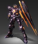  clenched_hands gradient gradient_background green_eyes grey_background gundam gundam_00 gundam_00_a_wakening_of_the_trailblazer huge_weapon machinery mecha no_humans nt-d reborns_gundam shade shiny simple_background standing weapon zb 