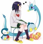  alternate_costume apple bad_id bad_pixiv_id black_hair blush blush_stickers candy chupa_chups dragonair flower food fruit gen_1_pokemon gen_4_pokemon gum_(gmng) hair_ornament heart hikari_(pokemon) kneehighs lollipop lowres oversized_object piplup pokemon pokemon_(creature) pokemon_(game) pokemon_dppt ribbon sitting skirt slippers socks themed_object 