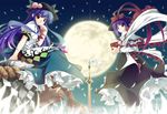  blue_hair boots dress food fruit hat hat_ribbon hinanawi_tenshi keystone minase_(dragon_panda) mochi moon multiple_girls nagae_iku peach purple_hair red_eyes ribbon rope shimenawa sword sword_of_hisou touhou wagashi weapon 