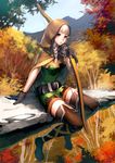  autumn belt blonde_hair blush boots bow_(weapon) braid breasts brown_eyes buckle cloak dragon's_crown elf elf_(dragon's_crown) forest gloves highres hood kurumayama md5_mismatch medium_breasts nature pointy_ears shorts sitting solo thigh_boots thighhighs tree twin_braids weapon 