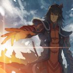  armor black_hair coat frown gaius_(tales) gloves hair_ornament hairpin lens_flare male_focus mami_(apsaras) outstretched_hand red_eyes serious sky solo surcoat tales_of_(series) tales_of_xillia 