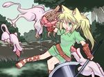  axe blonde_hair female girl goo_(artist) green_eyes lowres monster open_mouth tentacle weapon you_gonna_get_raped 