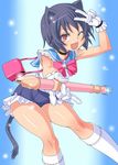  alternate_costume arcana_heart arcana_heart_3 bad_id bad_pixiv_id bag bow daidouji_kira fang handbag highres instrument magical_girl one_eye_closed orochi_itto pink_bow recorder solo swimsuit tail thighhighs 