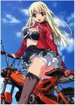 absurdres aqua_eyes ass black_skirt blonde_hair breasts cleavage day ground_vehicle highres jacket lace lace-trimmed_skirt long_hair long_sleeves looking_at_viewer medium_breasts midriff miniskirt motor_vehicle motorcycle open_clothes open_jacket open_mouth original outdoors panties skirt sky solo takamura_kazuhiro thighhighs twisted_torso underwear white_panties 