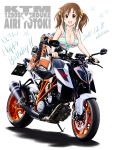  1girl bangs bare_shoulders biker_clothes bikesuit blush bodysuit boots breasts brown_eyes brown_hair cleavage commentary_request flick_(sal23) gradient gradient_background ground_vehicle highres idolmaster idolmaster_cinderella_girls large_breasts looking_at_viewer motor_vehicle motorcycle open_bodysuit open_mouth orange_bodysuit revision scrunchie sidelocks smile solo sparkle striped_bikini_top totoki_airi twintails two-tone_background white_background 