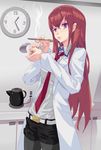  belt blue_eyes brown_hair clock coffee_pot cup_ramen eating error fork hiropon_pj kettle labcoat long_hair makise_kurisu necktie pantyhose red_neckwear shorts solo steam steins;gate 