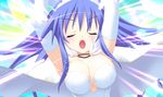  blue_hair breasts cape cleavage closed_eyes game_cg kannagi_rei kujou_ria large_breasts open_mouth solo twinkle_crusaders 