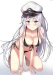  azur_lane bikini black_bikini blush breasts cleavage enterprise_(azur_lane) hat highres himexin kneeling large_breasts long_hair looking_at_viewer military_hat navel parted_lips peaked_cap purple_eyes silver_hair solo swimsuit very_long_hair 