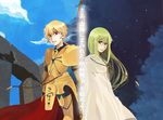  androgynous armor blonde_hair enkidu_(fate/strange_fake) fate/stay_night fate/strange_fake fate_(series) gilgamesh green_eyes green_hair kotemari_noboru long_hair male_focus multiple_boys red_eyes translation_request 