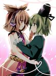  bad_id bad_pixiv_id blush brown_eyes brown_hair couple dress earmuffs fujishiro_emyu green_dress green_eyes green_hair hand_on_another's_cheek hand_on_another's_face hat heart heart_of_string multiple_girls sleeveless soga_no_tojiko tate_eboshi touhou toyosatomimi_no_miko yuri 