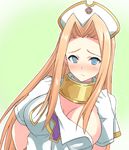  bad_id bad_pixiv_id blonde_hair blue_eyes blush breasts gloves gradient gradient_background hat hyakuen_raitaa large_breasts long_hair looking_at_viewer mint_adenade solo tales_of_(series) tales_of_phantasia wardrobe_malfunction 