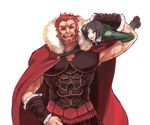  ^_^ armor bad_id bad_pixiv_id beard black_hair bob_cut cape carrying carrying_over_shoulder closed_eyes facial_hair fate/zero fate_(series) green_eyes hissiu male_focus multiple_boys necktie red_hair rider_(fate/zero) size_difference waver_velvet 