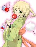  bag bagged_fish blonde_hair candy_apple cotton_candy dress fish food goldfish green_dress green_eyes japanese_clothes kimono mizuhashi_parsee pointy_ears sash seigaiha short_hair solo suna_(sunaipu) touhou water_yoyo 