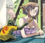  barefoot blue_eyes breasts brown_hair cigarette cleavage commentary computer dynamite face feet glasses hair_ornament hairpin hands hat laptop large_breasts lying monkey on_stomach original short_hair smoking soles solo surprised ymr 
