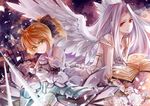  ahoge angel_wings armor armored_dress artoria_pendragon_(all) bad_id bad_pixiv_id bare_shoulders blonde_hair book bow detached_sleeves dress fate/stay_night fate/unlimited_codes fate/zero fate_(series) flower gauntlets green_eyes hair_bow hair_ribbon instocklee irisviel_von_einzbern long_hair magic_circle multiple_girls ponytail red_eyes ribbon rose saber saber_lily white_flower white_hair white_rose wings 