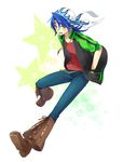  bandaid bandana blue_hair boots fang harvest_moon harvest_moon_tree_of_tranquility incomplete_(nm) jewelry long_hair luke_(harvest_moon) male_focus necklace ponytail solo yellow_eyes 