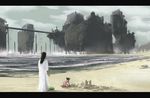  1girl beach black_hair bridge castle child dress food fruit horns ico ico_(character) long_hair mono ocean sand_castle sand_sculpture shadow_of_the_colossus spoilers watermelon white_dress younger 