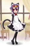  animal_ears apron bad_id bad_pixiv_id black_legwear blush blush_stickers bow cat_ears cat_tail chair curtsey desco_(disgaea) disgaea dress earrings extra_ears full_body gloves highres horns indoors jewelry kemonomimi_mode makai_senki_disgaea_4 pantyhose pastryfuntube pointy_ears purple_hair red_eyes ribbon ringed_eyes shoes short_hair skirt_hold solo table tail waitress white_gloves window 