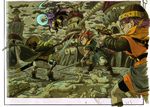  3boys bandana battle blue_hair boots cape chrono_trigger clenched_teeth crono glasses gloves gun helmet highres holding holding_weapon kaeru_(chrono_trigger) long_hair long_sleeves lucca_ashtear magus multiple_boys official_art outdoors pants purple_hair red_hair scan scarf scythe shield short_hair sleeveless sword teeth toriyama_akira weapon wristband 