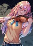  1girl aarc blue_bow bow bow_(instrument) hair_between_eyes highres instrument long_hair looking_at_viewer music night outdoors pink_eyes pink_hair playing_instrument red_string school_uniform short_sleeves solo standing string violin 