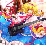 alice_margatroid apron black_legwear blonde_hair blue_dress blush bow capelet dress electric_guitar flower guitar hair_bow hairband highres instrument long_hair open_mouth pantyhose petals rakkyhappy red_eyes red_flower red_rose rose schecter_guitar_research shanghai_doll short_hair smile solo touhou wrist_cuffs 