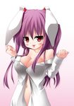  :p animal_ears bare_shoulders blush breasts bunny_ears cleavage covered_nipples fang highres large_breasts looking_at_viewer naked_shirt no_bra purple_hair red_eyes reisen_udongein_inaba shirt simple_background solo tongue tongue_out touhou uhyo_(uhyoahya) upper_body 