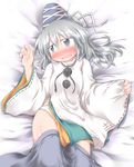  baerun blue_skirt blush grey_eyes hat hat_ribbon japanese_clothes kariginu lying mononobe_no_futo on_back open_mouth panties ponytail ribbon shirt silver_hair skirt skirt_pull solo thighs touhou underwear wavy_mouth white_panties 