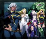  abs blonde_hair breasts butcha-u cape carol_danvers cleavage covered_nipples dark_skin earrings emma_frost green_hair green_skin grey_hair hand_on_hip jennifer_walters jewelry large_breasts lipstick long_hair makeup marvel mask ms._marvel multiple_girls odd_one_out psylocke purple_hair sash she-hulk shuma_gorath smile storm_(x-men) tentacles thighhighs very_dark_skin x-men 