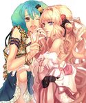  bad_id bad_pixiv_id blonde_hair blue_hair bracelet dress flower green_hair hair_flower hair_ornament jewelry katsu_ryouji long_hair macross macross_frontier multiple_girls nail_polish one_eye_closed open_mouth ranka_lee red_eyes sheryl_nome single_earring v 