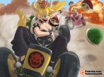  1boy 2girls black_dress blonde_hair blue_earrings blue_shell bound bowsette bracelet breasts cleavage collar commentary dress driving english_commentary facial_hair go_kart ground_vehicle horns jewelry kidnapping large_breasts mario mario_(series) mario_kart motor_vehicle motorcycle multiple_girls mustache new_super_mario_bros._u_deluxe pointy_ears ponytail princess_peach racing_suit sharp_teeth spiked_armlet spiked_bracelet spiked_collar spiked_shell spiked_tail spikes strapless strapless_dress super_crown tail teeth tied_up tongue tongue_out turtle_shell 