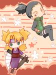  awa_(ignorantremark) black_hair blonde_hair chibi cigarette fan fishnets flak_jacket folding_fan forehead_protector green_eyes japanese_clothes nara_shikamaru naruto quad_tails tegaki temari vest 