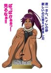  barefoot bleach censored kimosugidokuo long_hair open_mouth ponytail purple_hair pussy shihouin_yoruichi sitting translation_request yellow_eyes 