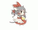  :3 animal_ears ascot bad_id bad_pixiv_id blush bow cat_ears cat_tail chibi detached_sleeves grey_eyes hair_bow hair_tubes hakurei_reimu kemonomimi_mode lace lace-trimmed_skirt long_skirt pasutel red_skirt shirt silver_hair skirt skirt_set solo tail touhou 