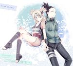  awa_(ignorantremark) black_hair blonde_hair couple earrings fingerless_gloves fishnets flak_jacket forehead_protector gloves hand_holding highres jewelry nara_shikamaru naruto quad_tails temari vest 