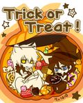  2boys 7x1010 animal_ears black_hair black_sclera bleach blue_eyes candy chibi halloween hat hollow_ichigo multiple_boys pumpkin shirosaki_hichigo sweets tensa_zangetsu white_hair yellow_eyes zangetsu 