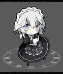  alternate_costume apron blue_eyes blush chibi clock dress izayoi_sakuya knife koumajou_densetsu koumajou_densetsu_2 lace lace-trimmed_dress maid maid_headdress medium_dress roman_numerals short_hair silver_hair solo take_tonbo touhou 