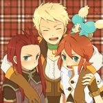  asch bad_id bad_pixiv_id blonde_hair choker closed_eyes fingerless_gloves gloves green_choker green_eyes guy_cecil inamura_(yanahiyabao) long_hair luke_fon_fabre male_focus mieu multiple_boys open_mouth red_hair star tales_of_(series) tales_of_the_abyss 
