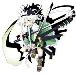  black_hairband dual_wielding flower frilled_skirt frills ghost green_eyes green_skirt hair_ribbon hairband holding konpaku_youmu konpaku_youmu_(ghost) matsushita_yuu medium_skirt ribbon short_hair silver_hair simple_background skirt solo sword touhou weapon white_background white_hair 