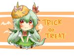  :3 bad_id bad_pixiv_id bat bat_wings blush chibi dog_tail dress english ex-keine facial_mark fang green_dress green_hair horn_ribbon horns kamishirasawa_keine kemonomimi_mode long_hair pumpkin pumpkin_hat rebecca_(keinelove) red_eyes ribbon sitting solo tail touhou trick_or_treat v_arms wings 