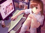  blush book brown_eyes brown_hair cellphone computer english flower hair_flower hair_ornament highres indoors keyboard_(computer) leg_warmers loose_socks misaka_mikoto misakamitoko0903 monitor mouse_(computer) panties pantyshot pantyshot_(sitting) phone pixiv profanity recursion short_hair sitting socks solo to_aru_kagaku_no_railgun to_aru_majutsu_no_index truth underwear 