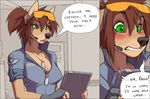  blush breasts brown_hair canine cleavage clothed clothing comic dialog dog_tags english_text eyewear female goggles green_eyes hair mammal solo surprise surprised text wendy wendy_(wolfy-nail) wolf wolfy-nail 