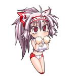  blush bow breasts cheerleader chibi cleavage fujiwara_no_mokou hair_bow half-shirt kumapan medium_breasts pom_poms ponytail red_eyes short_shorts shorts silver_hair solo touhou 