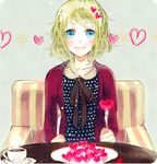  &gt;:) armchair bangs black_ribbon blue_eyes bow cardigan casual chair cup fork green_hair gumi hairband heart highres knife looking_at_viewer plate polka_dot ribbon saucer short_hair sitting smile solo table teacup upper_body v-shaped_eyebrows vient vocaloid 