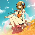  bare_legs bike_shorts bow brown_hair cloud coat day flower full_body green_eyes hair_flower hair_ornament hair_ribbon hairband leia_rolando mami_(apsaras) ribbon shoes short_hair sitting sky smile solo tales_of_(series) tales_of_xillia 