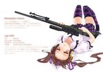  ai_arctic_warfare bipod black_legwear blush bolt_action brown_eyes brown_hair checkered checkered_skirt frilled_skirt frills gun headphones himekaidou_hatate long_hair lying miniskirt nanahara_fuyuki on_back purple_skirt rifle scope skirt sniper_rifle solo thighhighs touhou twintails upside-down weapon 