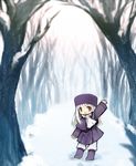  bad_id bad_pixiv_id boots child dadami fate/zero fate_(series) hat illyasviel_von_einzbern purple_footwear purple_hat red_eyes smile snow solo tree waving white_hair winter younger 