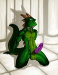  anthro balls biceps big_penis cock_ring collar dragon erection green_eyes green_skin horn kneeling lizard male muscles navel nude open_mouth pecs penis pose presenting purple_penis reptile saruuk scales scalie sheath solo toned tongue vein 