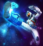  belt chainsaw flying_kick helmet highres kamen_rider kamen_rider_fourze kamen_rider_fourze_(series) kicking male_focus solo space torio_(mocd1985) 