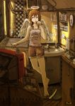  angel angel_wings arm_support bare_legs barefoot bathroom brown_eyes brown_hair brushing_teeth camisole clock copyright_request crossed_legs full_body halo highres inukoko jitome mirror quill shorts sink solo standing television toothbrush washing_machine wings 